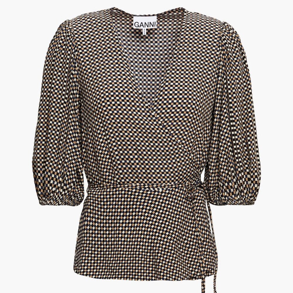 GANNI Tannin Checkered V-Neck Crossover Wrap Top Blouse Puff Sleeve Navy/Tan/Whi